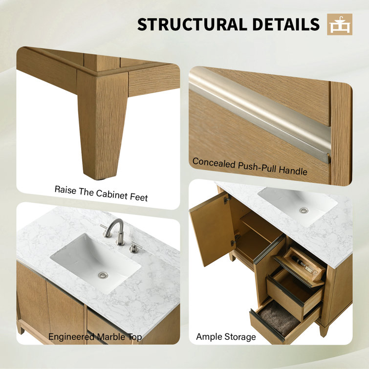 Natural Oak Single Sink Bathroom Vanity with Marble Top