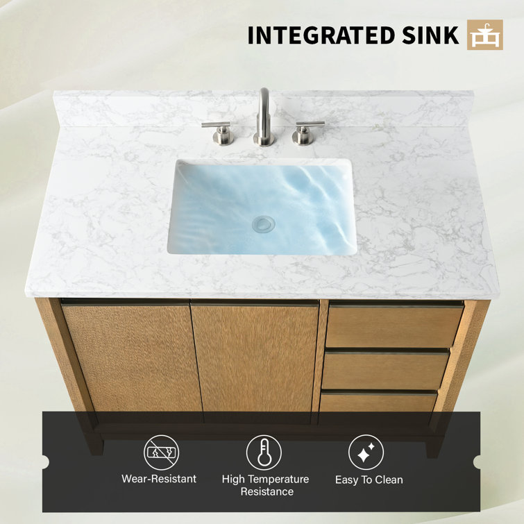 Natural Oak Single Sink Bathroom Vanity with Marble Top