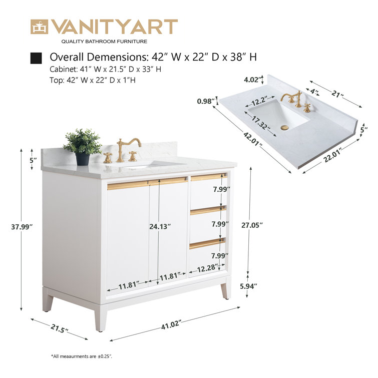 42" White MDF Freestanding Bathroom Vanity with Engineered Marble Top