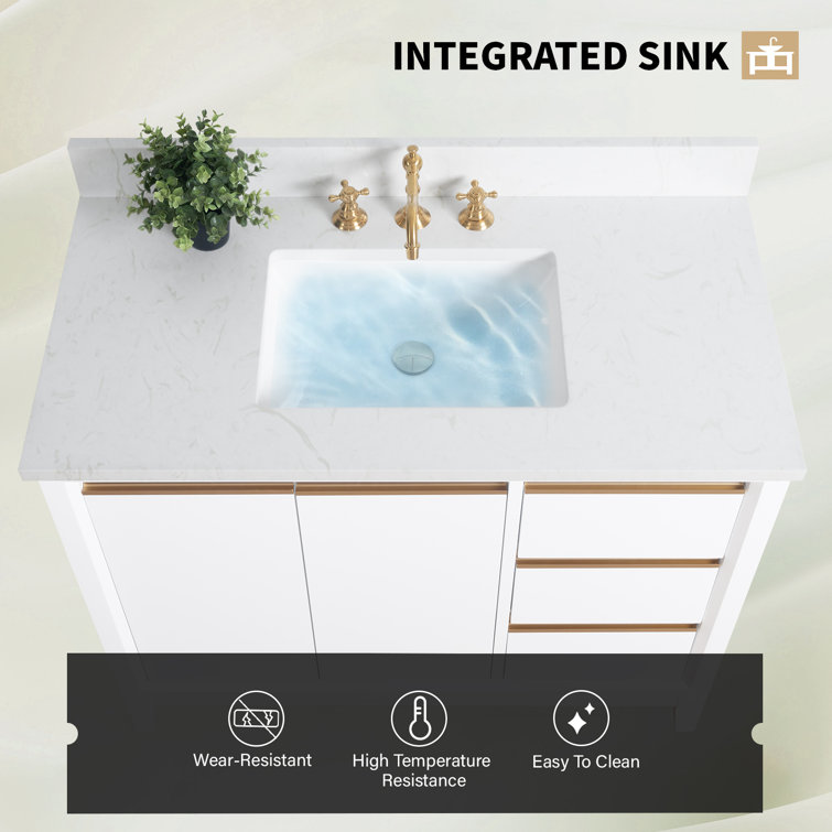 42" White MDF Freestanding Bathroom Vanity with Engineered Marble Top