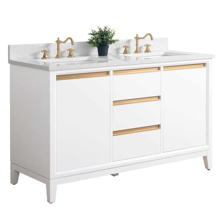 White Poplar Wood Double Bathroom Vanity with Marble Top