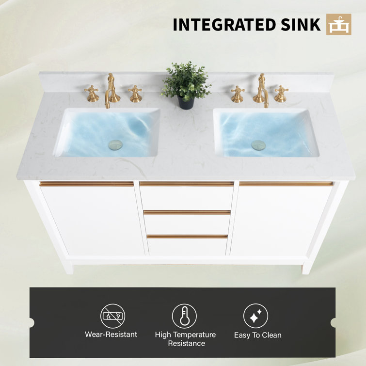 White Poplar Wood Double Bathroom Vanity with Marble Top