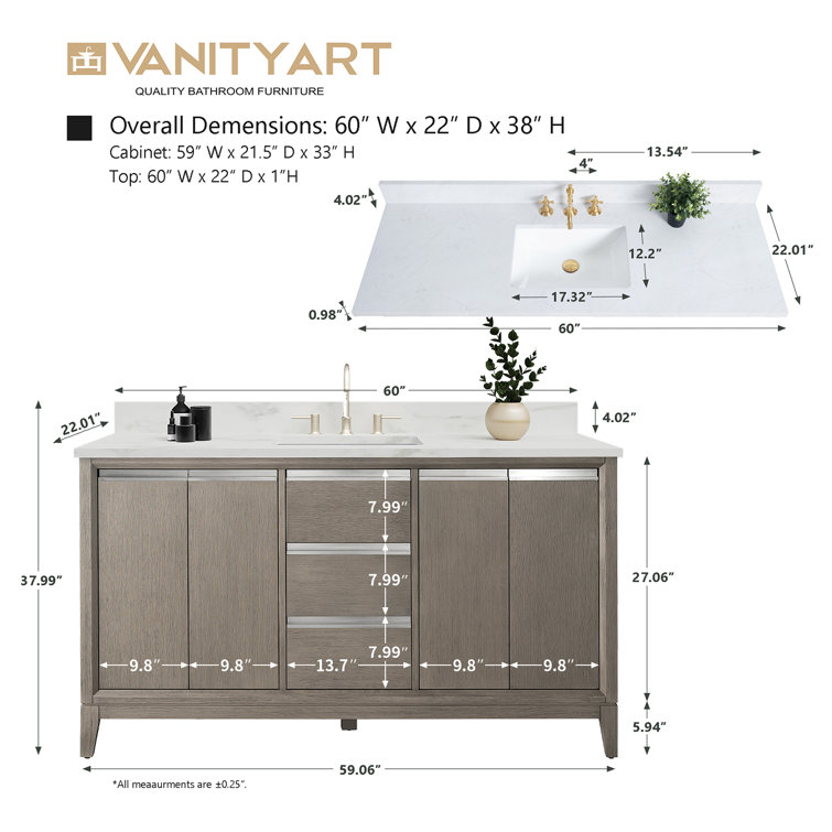 Driftwood Gray 60" Single Sink Bathroom Vanity with Engineered Marble Top