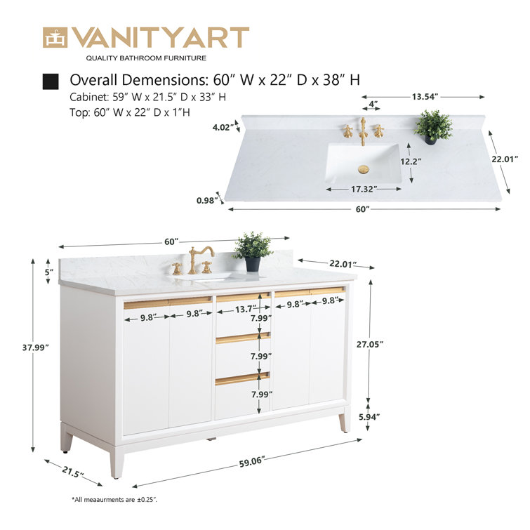 60" White Poplar Wood Single Bathroom Vanity with Marble Top
