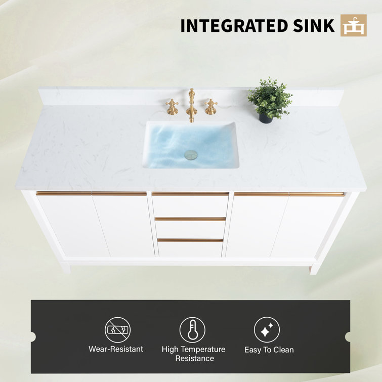 60" White Poplar Wood Single Bathroom Vanity with Marble Top