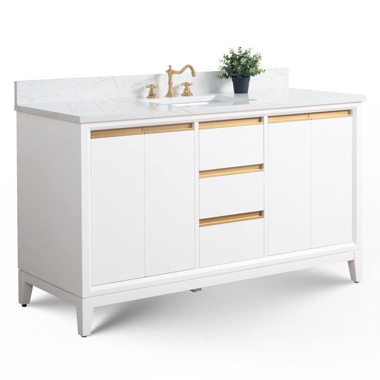 60" White Poplar Wood Single Bathroom Vanity with Marble Top