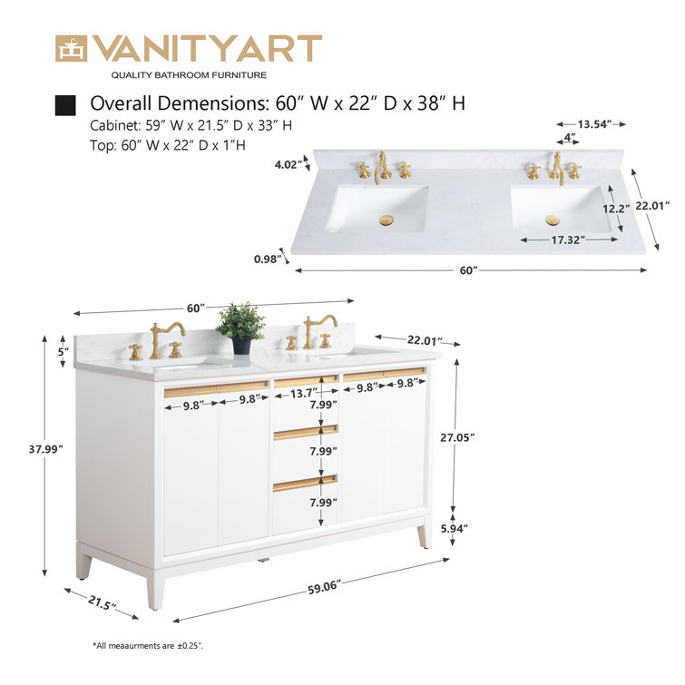 60" White Double Sink Bathroom Vanity with Engineered Marble Top