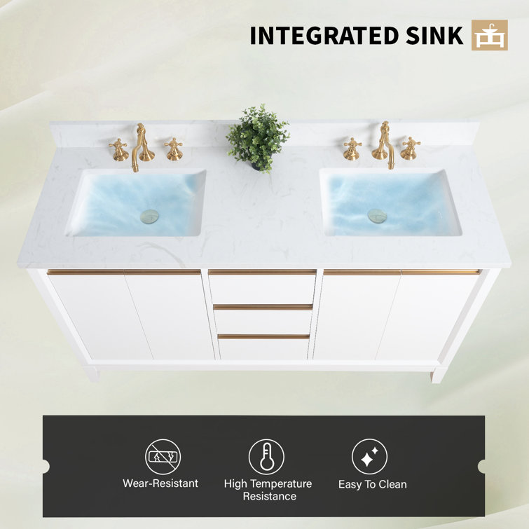60" White Double Sink Bathroom Vanity with Engineered Marble Top