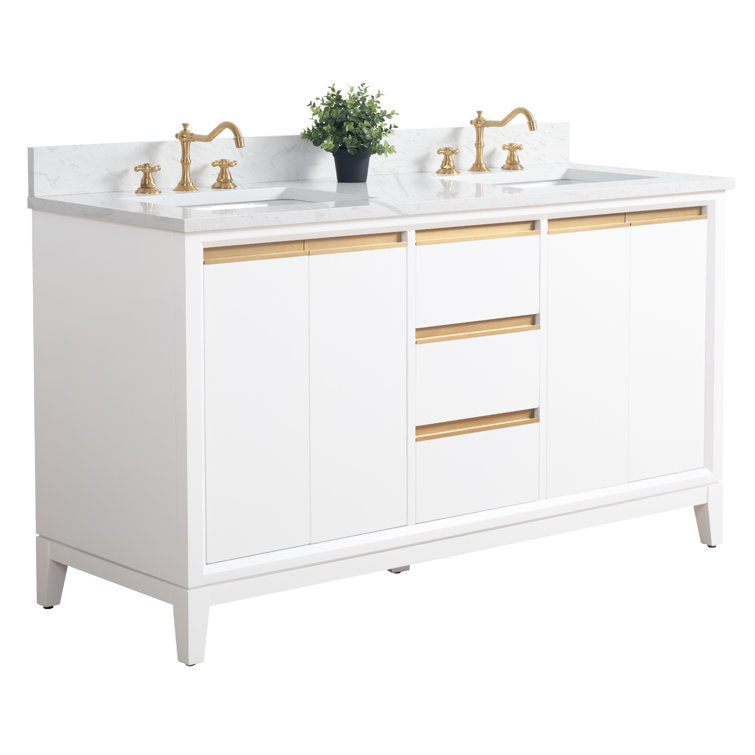 60" White Double Sink Bathroom Vanity with Engineered Marble Top
