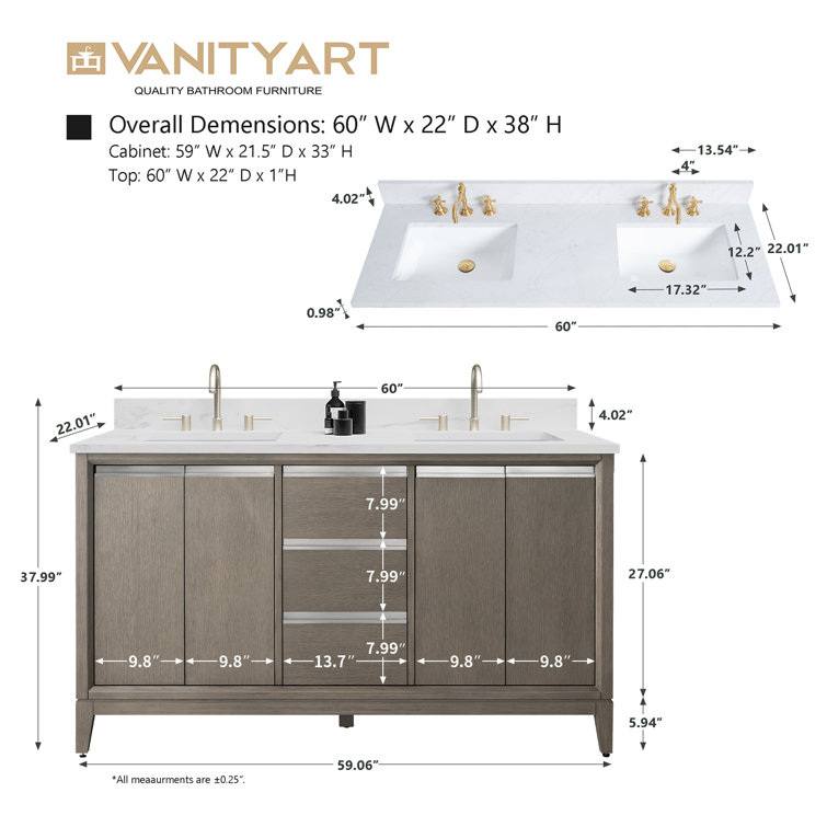 Driftwood Gray Double Sink Bathroom Vanity with Marble Top