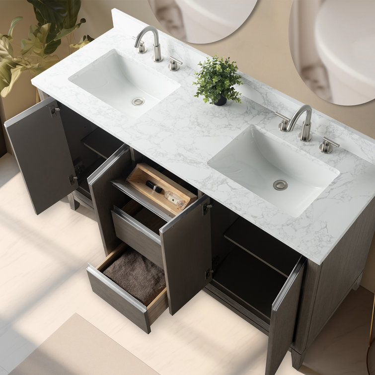 Driftwood Gray Double Sink Bathroom Vanity with Marble Top
