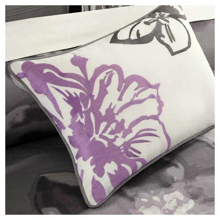 Gray Floral Cotton Queen Duvet Cover Set with Shams