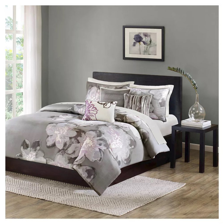 Gray Floral Cotton Queen Duvet Cover Set with Shams