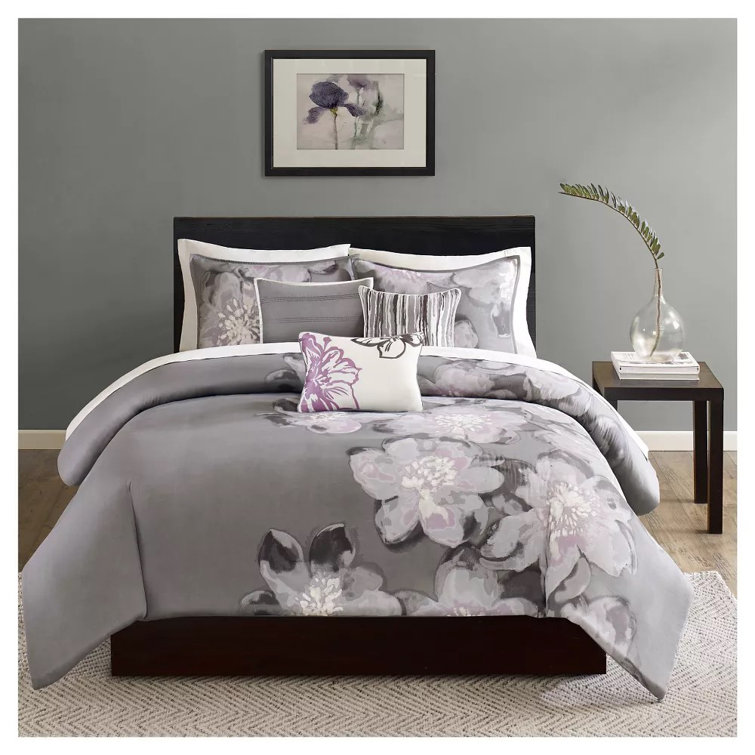 Gray Floral Cotton Queen Duvet Cover Set with Shams