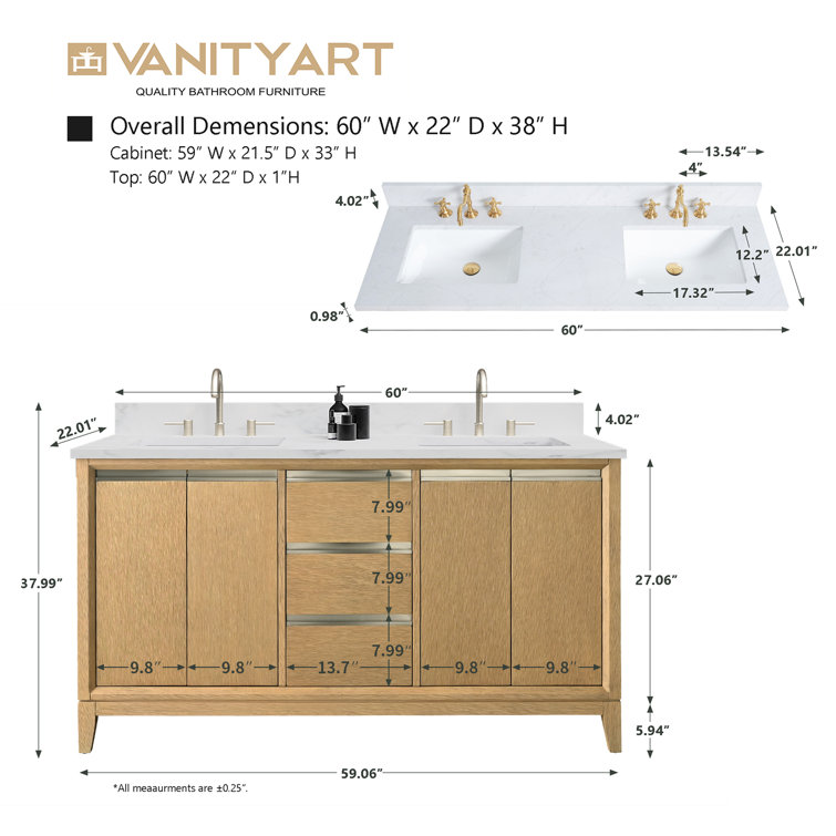 60" Natural Oak Double Sink Bathroom Vanity with Engineered Marble Top