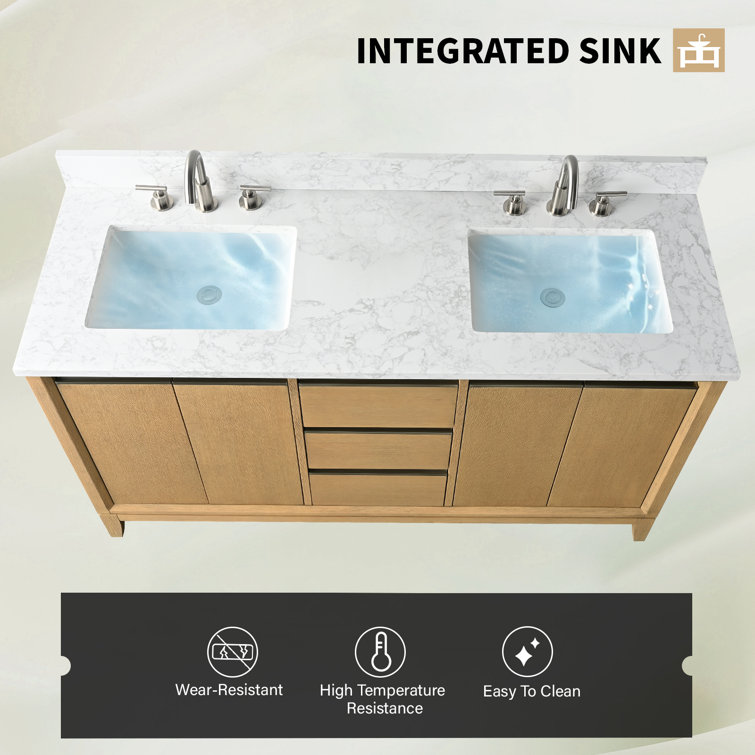60" Natural Oak Double Sink Bathroom Vanity with Engineered Marble Top