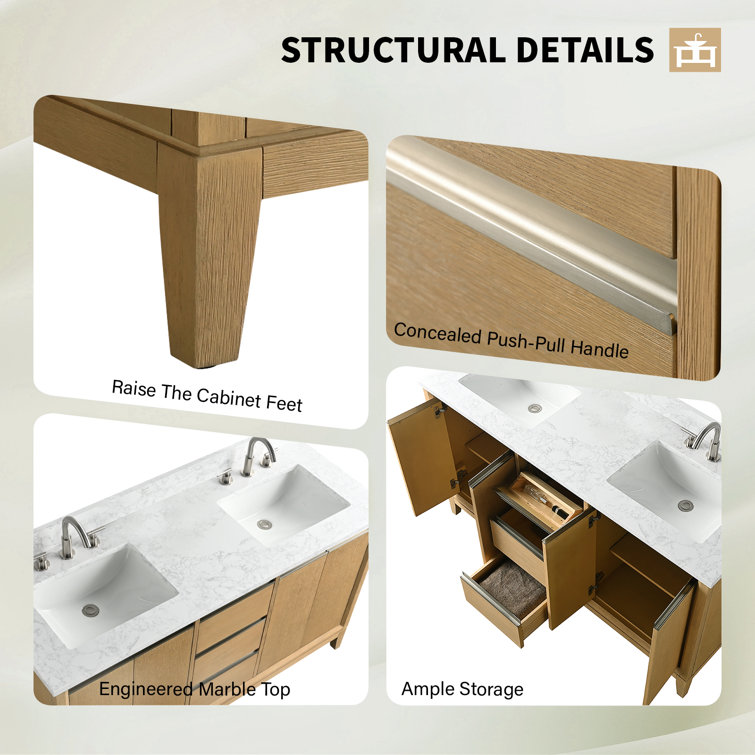 60" Natural Oak Double Sink Bathroom Vanity with Engineered Marble Top