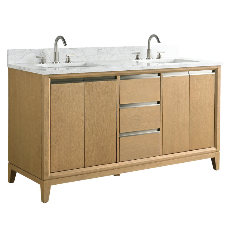 72" Natural Oak Double Sink Bathroom Vanity with Marble Top