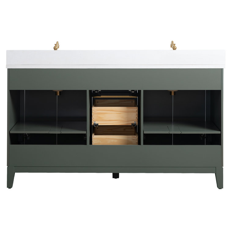 60" Vintage Green Double Sink Bathroom Vanity with Engineered Marble Top