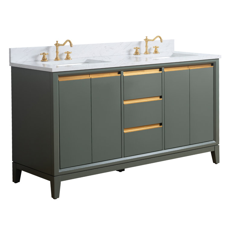 60" Vintage Green Double Sink Bathroom Vanity with Engineered Marble Top