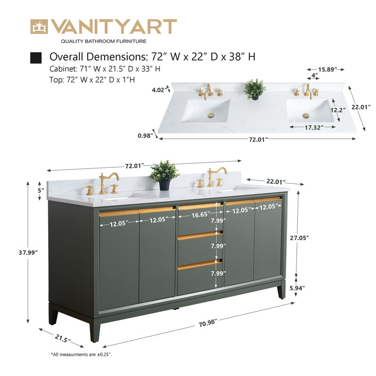 72" Vintage Green Double Sink Bathroom Vanity with Marble Top