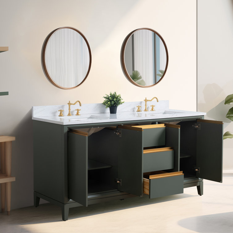 72" Vintage Green Double Sink Bathroom Vanity with Marble Top