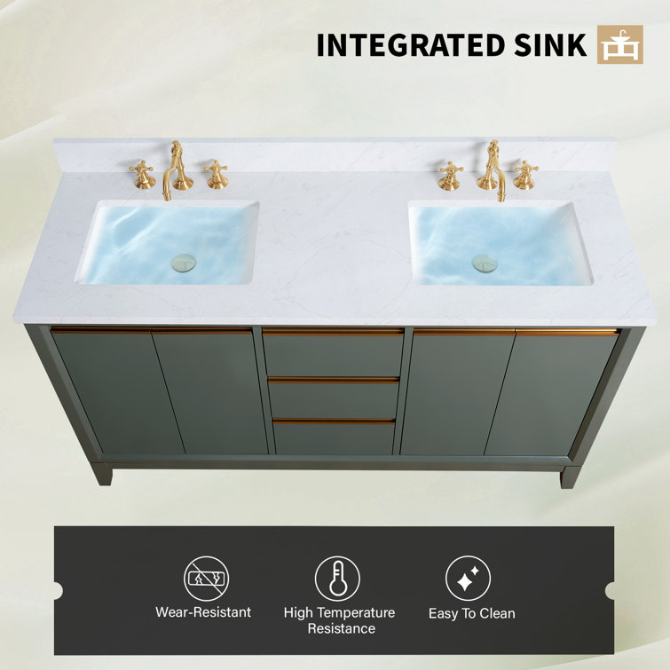 72" Vintage Green Double Sink Bathroom Vanity with Marble Top