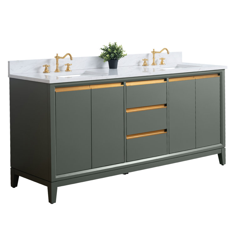 72" Vintage Green Double Sink Bathroom Vanity with Marble Top