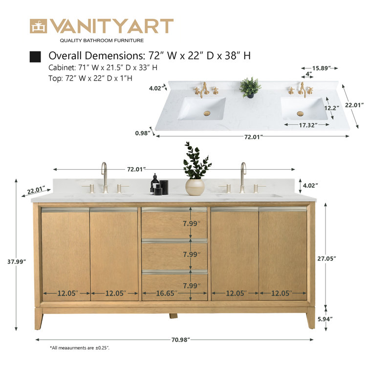 72" Natural Oak Double Sink Bathroom Vanity with Marble Top