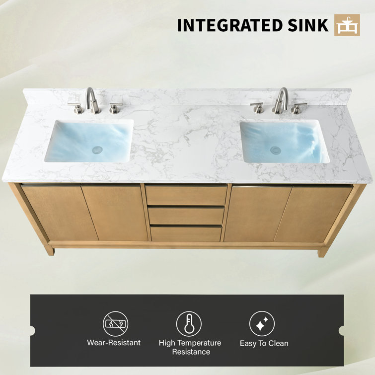 72" Natural Oak Double Sink Bathroom Vanity with Marble Top