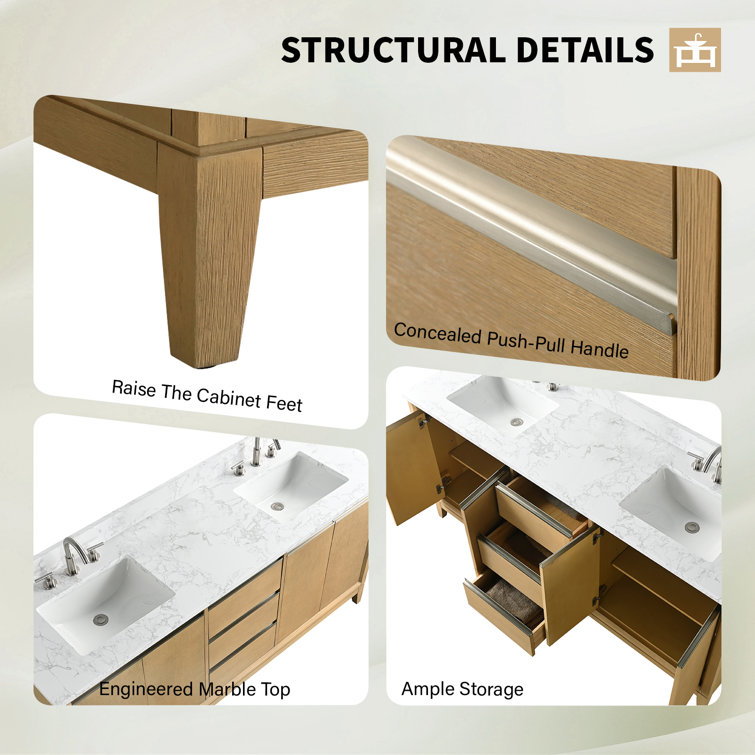 72" Natural Oak Double Sink Bathroom Vanity with Marble Top