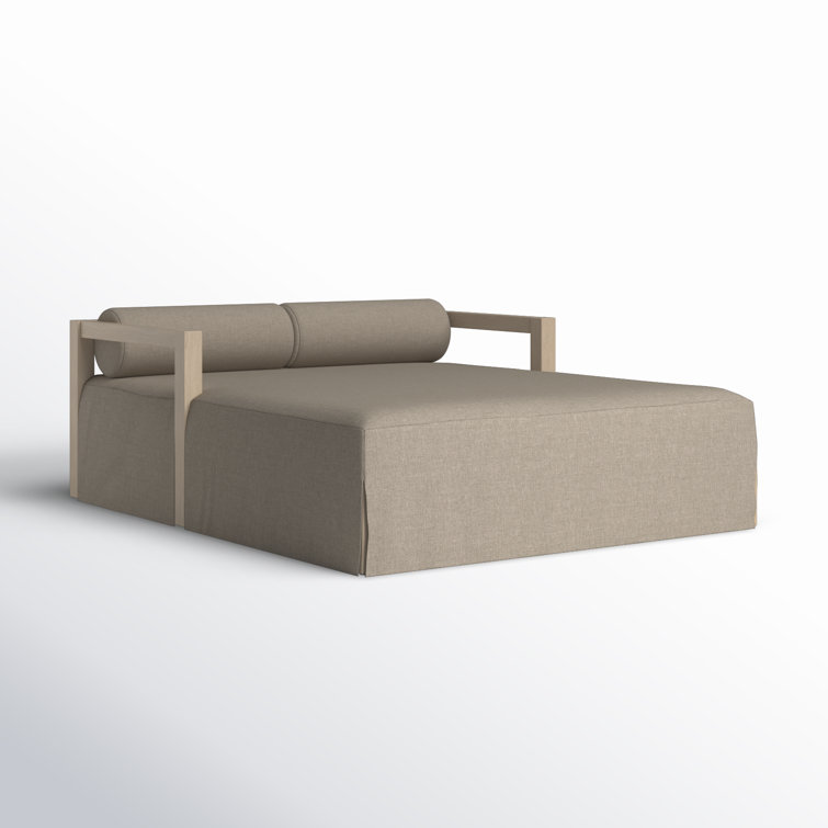 Gray Teak and Linen Outdoor Daybed with Bolster Cushions