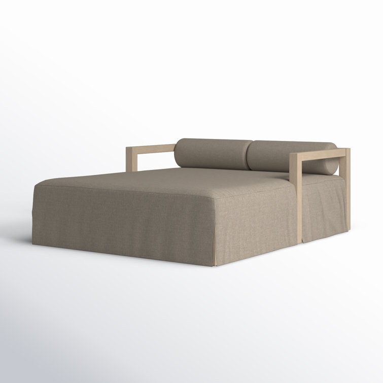 Gray Teak and Linen Outdoor Daybed with Bolster Cushions