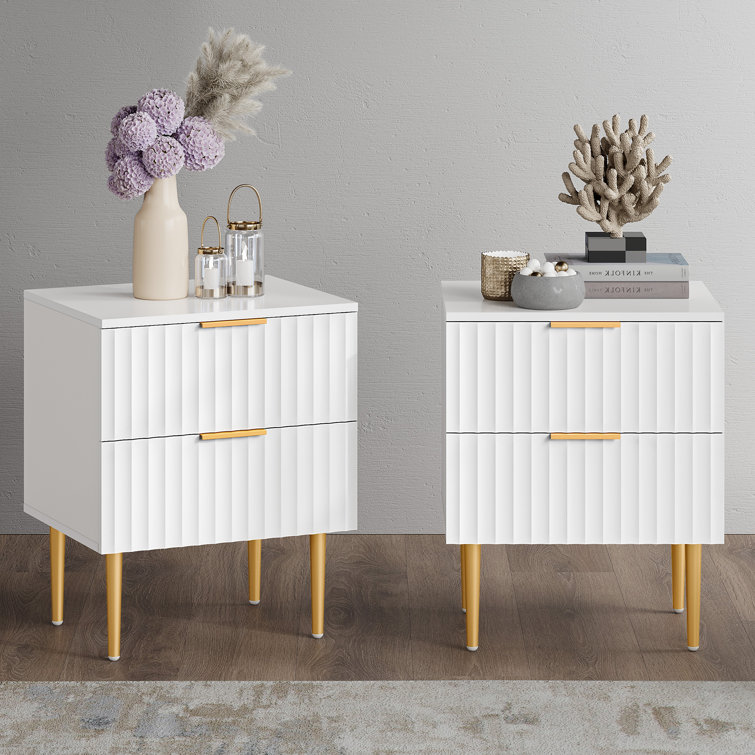 White and Gold Fluted 2-Drawer Nightstand Set