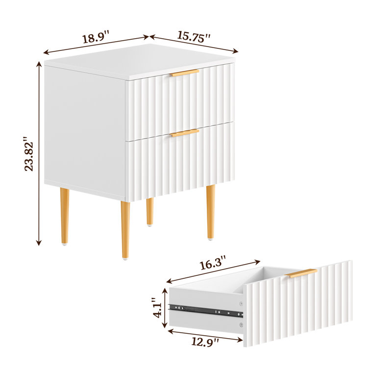 White and Gold Fluted 2-Drawer Nightstand Set