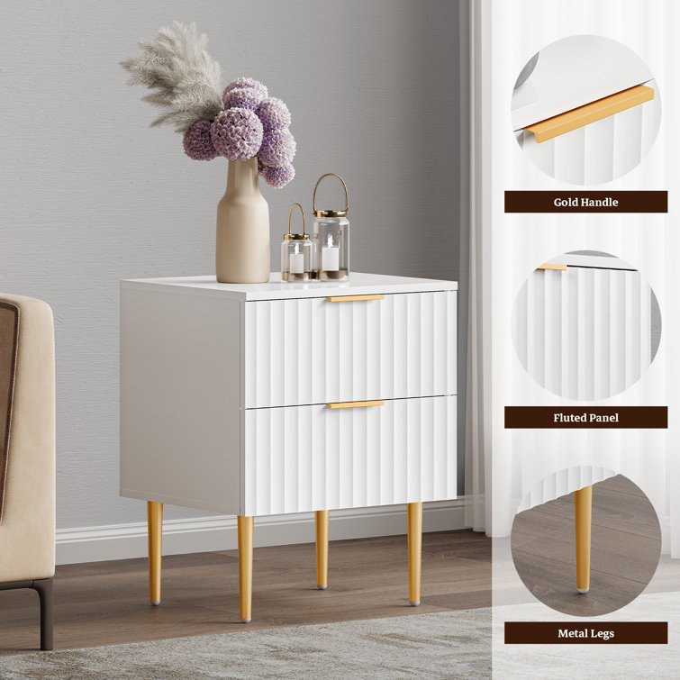 White and Gold Fluted 2-Drawer Nightstand Set