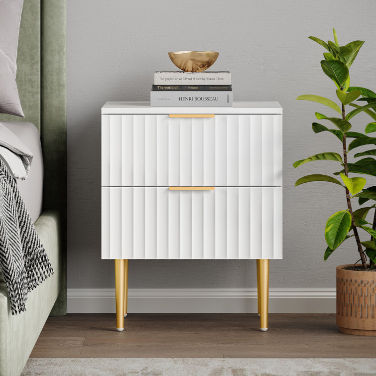 White and Gold Fluted 2-Drawer Nightstand Set