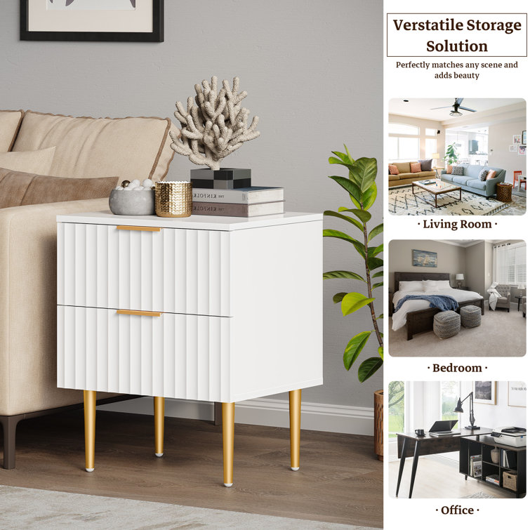 White and Gold Fluted 2-Drawer Nightstand Set