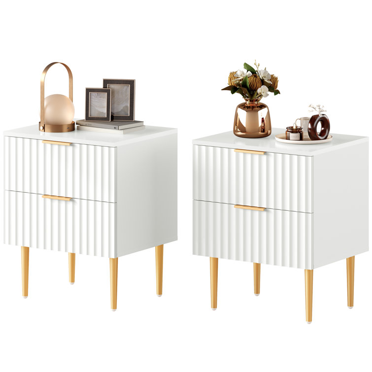 White and Gold Fluted 2-Drawer Nightstand Set