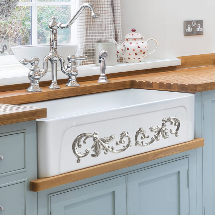 White and Platinum Ornamental Fireclay Farmhouse Kitchen Sink