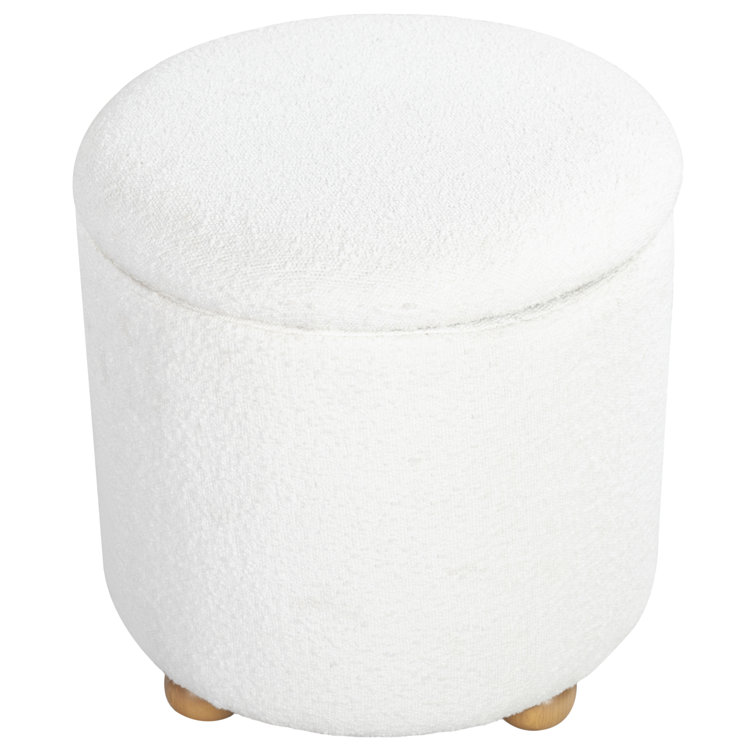 Ivory Round Boucle Storage Ottoman with Wooden Legs