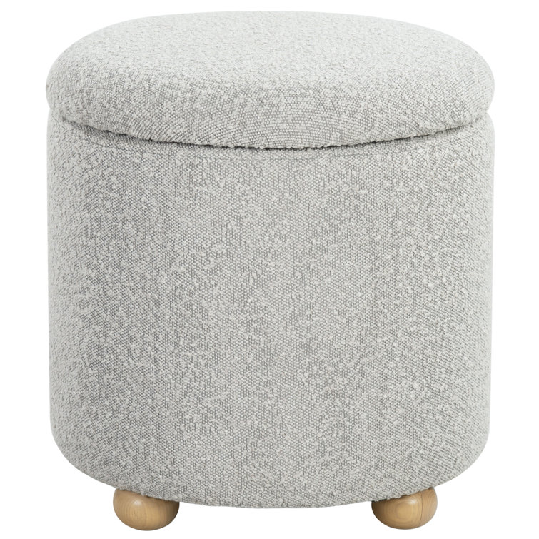 Becka Round Gray Boucle Storage Ottoman with Wood Legs