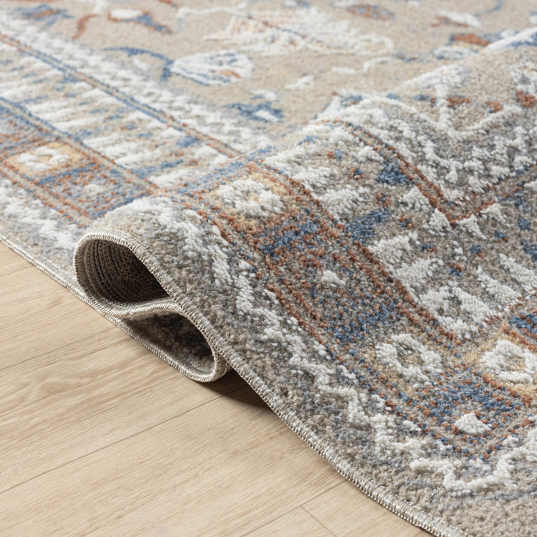 Beige and Blue Rectangular Synthetic Washable Area Rug