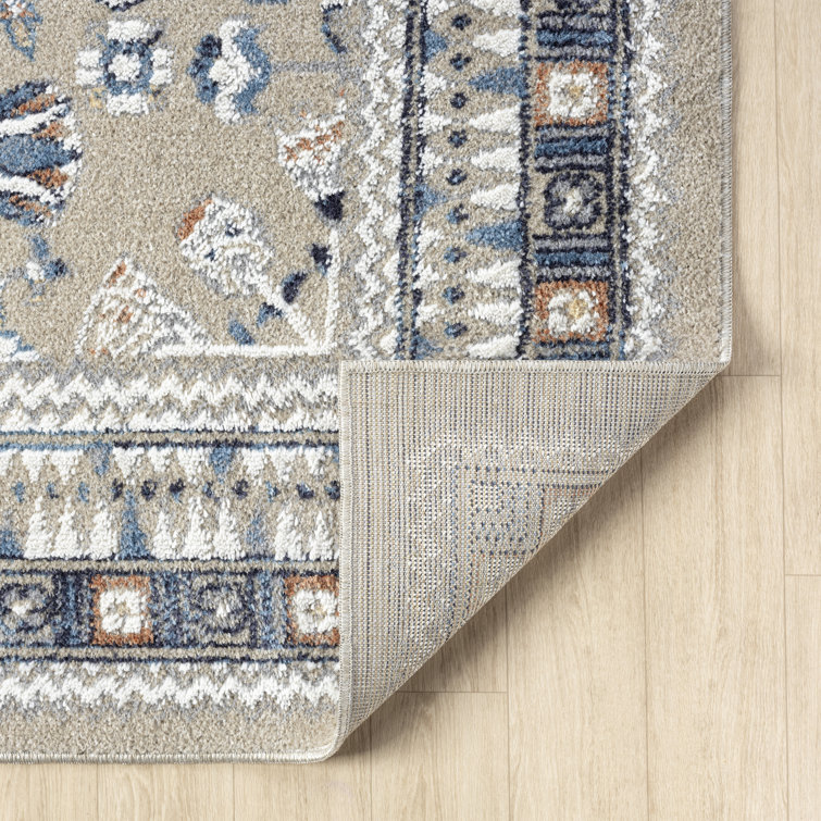 Blue and Beige Synthetic Washable Rectangular Area Rug