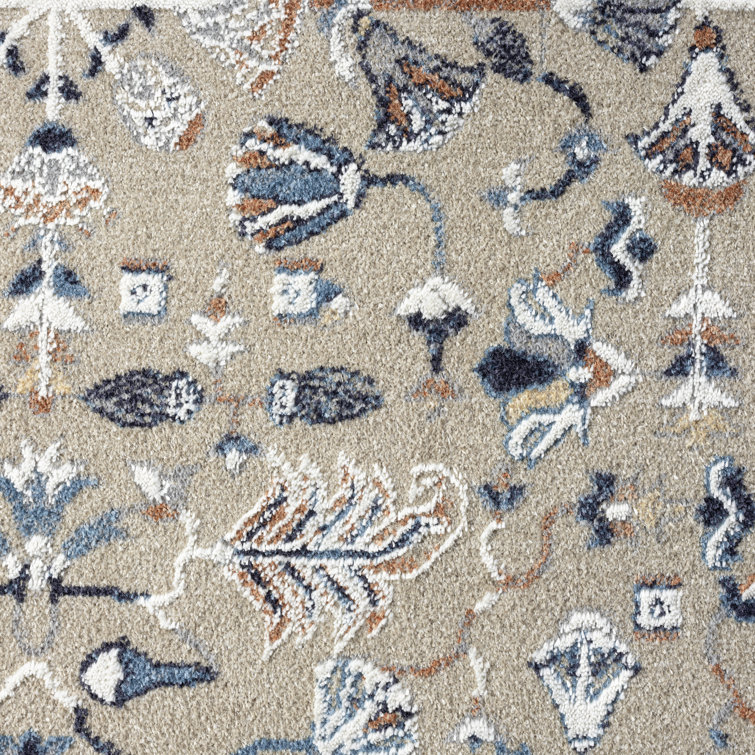 Blue and Beige Synthetic Washable Rectangular Area Rug