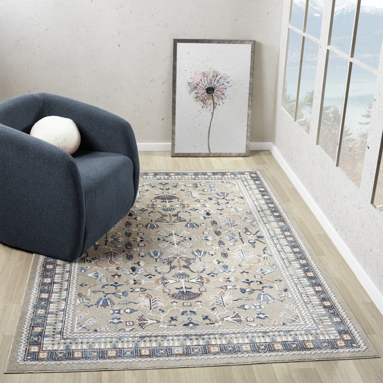 Blue and Beige Synthetic Washable Rectangular Area Rug