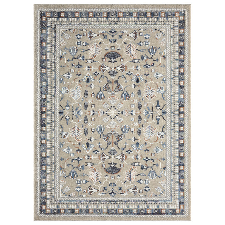 Blue and Beige Synthetic Washable Rectangular Area Rug