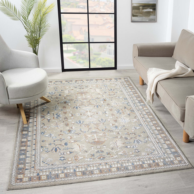 Beige and Blue Rectangular Synthetic Washable Area Rug