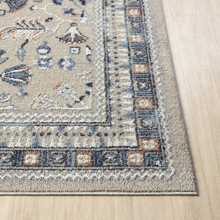 Blue and Beige Synthetic Washable Rectangular Area Rug