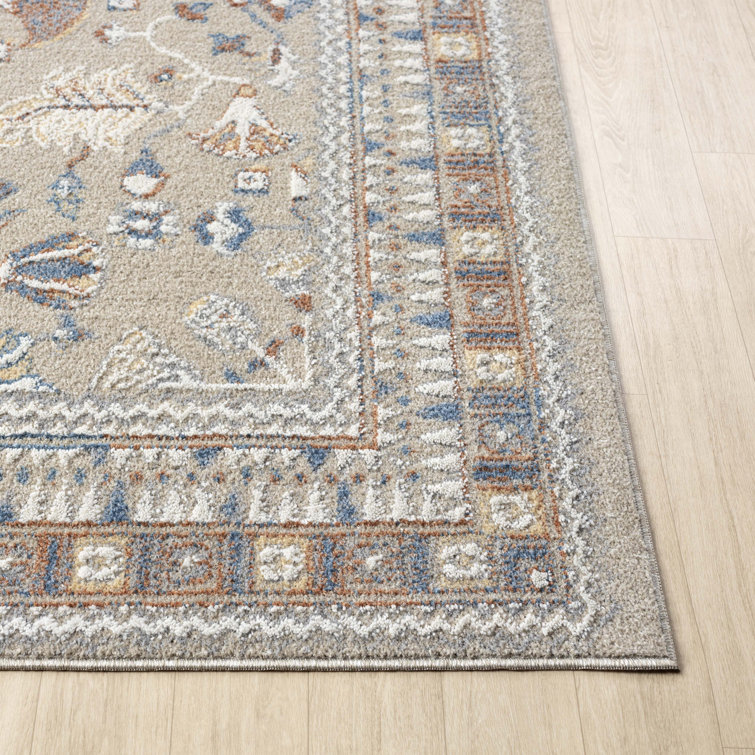 Beige and Blue Rectangular Synthetic Washable Area Rug